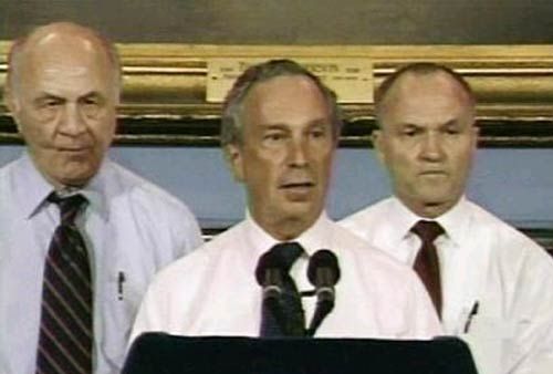 Somewhat sweaty Fire Commissioner Nicholas Scoppetta, Mayor Bloomberg and Police Commissioner Ray Kelly.